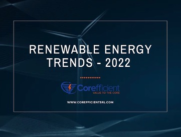A soothing dark blue background with whispy brush-stoke style 3D graphics which hint the flow of wind, the movement of water, and a wind turbine in the center of the artistic image. In the foreground in bold white letters, “RENEWABLE ENERGY TRENDS – 2022” with Corefficient’s official logo and website address: www.www.snyderelectricco1.com.