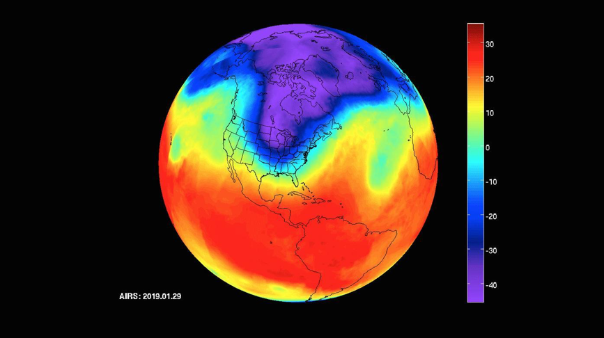 NASA's Atmospheric Infrared Sounder (AIRS) instrument captures a polar vortex moving from Central Canada into the U.S. Midwest from January 20 through January 29, 2019.