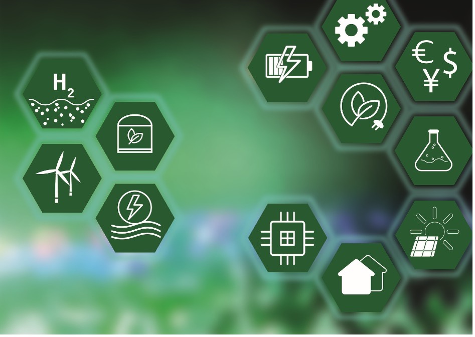 Twelve different hydrogen-related icons in green background