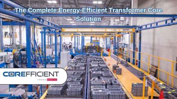 View of a warehouse and production line with bright blue and yellow beams and transformer cores at all stations. The title of the article is in white text on the top of the image and the Corefficient logo is on the bottom left.