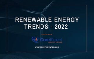A soothing dark blue background with whispy brush-stoke style 3D graphics which hint the flow of wind, the movement of water, and a wind turbine in the center of the artistic image. In the foreground in bold white letters, “RENEWABLE ENERGY TRENDS – 2022” with Corefficient’s official logo and website address: www.www.snyderelectricco1.com.