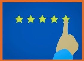 A cartoon on a blue background showing 5 gold stars in a row, and a finger pointing to the fifth star indicating a top rating of value and excellence.