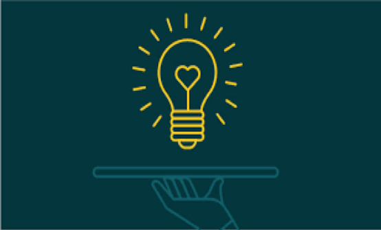 An illustration of a light blue hand holding up a waiter’s serving plate, above the serving plate is a yellow light bulb with a heart in the middle of it. The background is midnight blue-green.