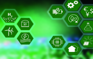 A green background behind digital hexagons with different symbols representing different kinds of energy, like solar, wind, hydroelectric energy, and other icons related to the energy grid and science.