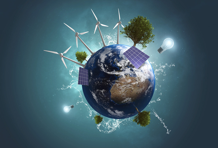 Planet Earth with different representations of energy: trees, lightbulbs, solar panels, wind turbines, and splashing water, extra large on the surface of the planet.