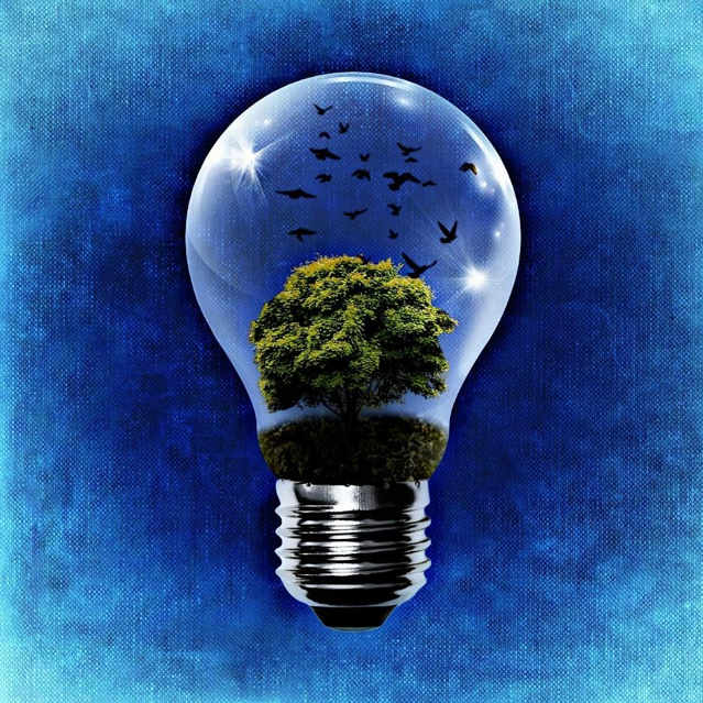 Graphic of a light bulb on a faded blue background. The bulb contains a leafy and green tree, with birds on it and a blue sky in the background.