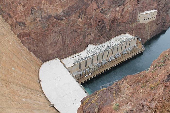 Aerial view of a hydroelectric power plant at the Hoover Dam, one of the most famous dams in the world.