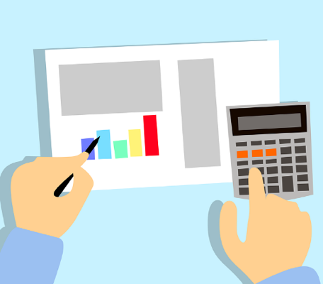 A cartoon rendering showing two hands in a long-sleeve, blue shirt working on a calculator and drawing a colorful bar graph on a piece of paper.