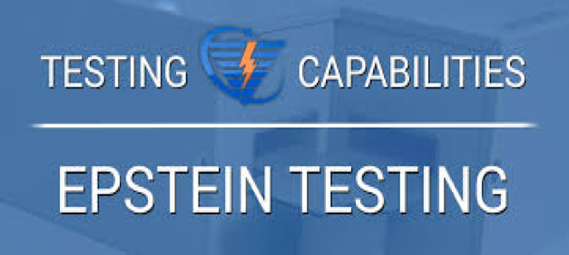 : A blue sign that says, “Testing capabilities Epstein testing,” in capitalized, white letters, a lightning logo is in between the words “testing” and “capabilities,” and a white line runs horizontally in between “testing capabilities,” and “Epstein testing.”