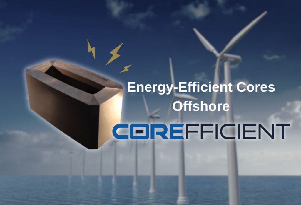 A graphic showing an energy-efficient transformer core with a background of offshore wind turbines and the Corefficient logo.