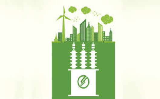 A green illustrated, design: on the bottom is a white transformer core with a green lightning bolt in the middle, on the top is a green city skyline, a green wind turbine, and green clouds.