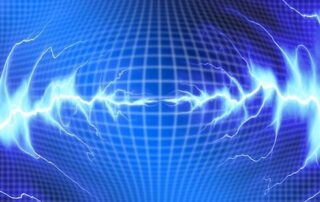 A digital rendering of two bolts of electricity branching off from either side, across a grid and meeting in the middle.