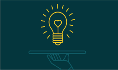 An illustration of a light blue hand holding up a waiter’s serving plate, above the serving plate is a yellow light bulb with a heart in the middle of it. The background is midnight blue-green.