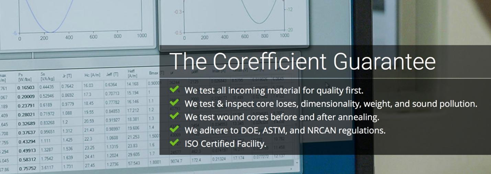 Computer screen showing testing software overlaid with Corefficient’s transformer core testing guarantee